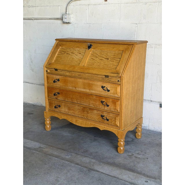 1960s Oak Secretary Bureau With Drop-Front Desk and 9 Drawers Denmark Mid-Century Modern 1970s For Sale - Image 5 of 11