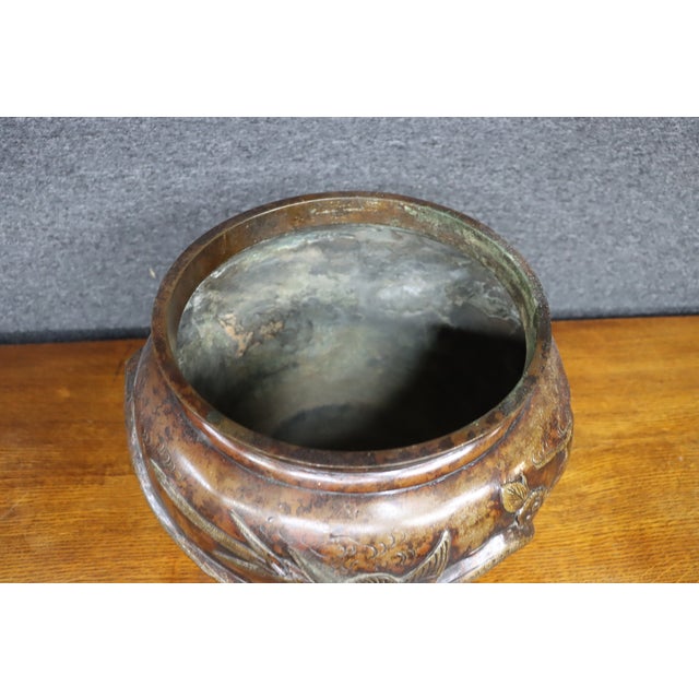 Early 20th Century Japanese Bronze Jardinière With Bird and Floral Relief For Sale - Image 5 of 11