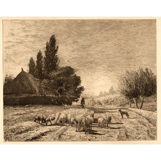 Joseph Foxcroft Cole "Village Street in France With a Flock of Sheep" Etching C.1880 For Sale