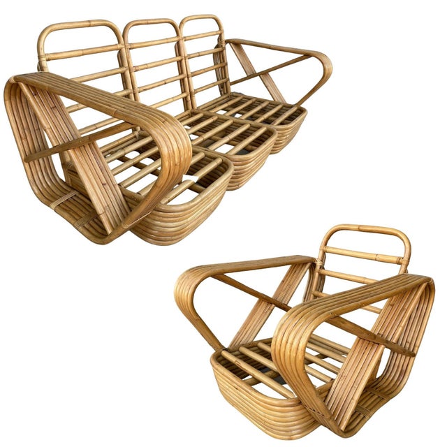 This beautifully restored mid-century rattan living room set includes a matching 3-seat sectional sofa and lounge chair....