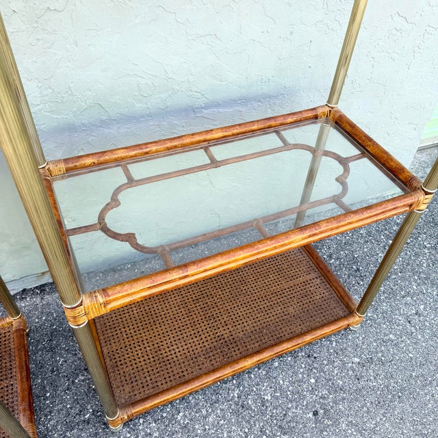 Mid 20th Century Palm Beach Chic Rattan Cane and Gold Etageres - A Pair For Sale - Image 5 of 10