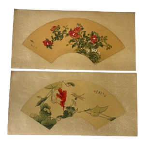 Late 20th Century Vintage Set of 2 Chinese Hand-Painted Fans