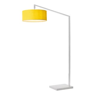 Stretch 75"h 1-Light Chairside Arc Lamp, Mustard Linen Shade, White Body, Dimmable, for Living Room or Bedroom For Sale