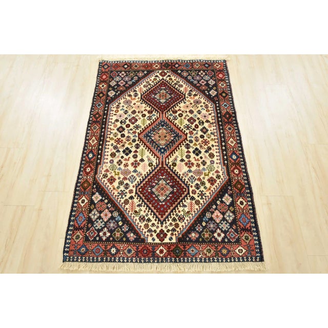 Farmhouse Yalameh Rug 3'5'' X 5'1'' Ivory Wool Vintage Tribal Hand-Knotted Oriental Carpet For Sale - Image 3 of 13