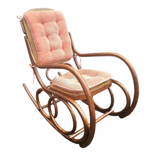 Mid 20th Century Mid Century Thonet Attributed No 10 Style Bentwood and Cane Rocker With Rose Damask Velvet Cushions For Sale