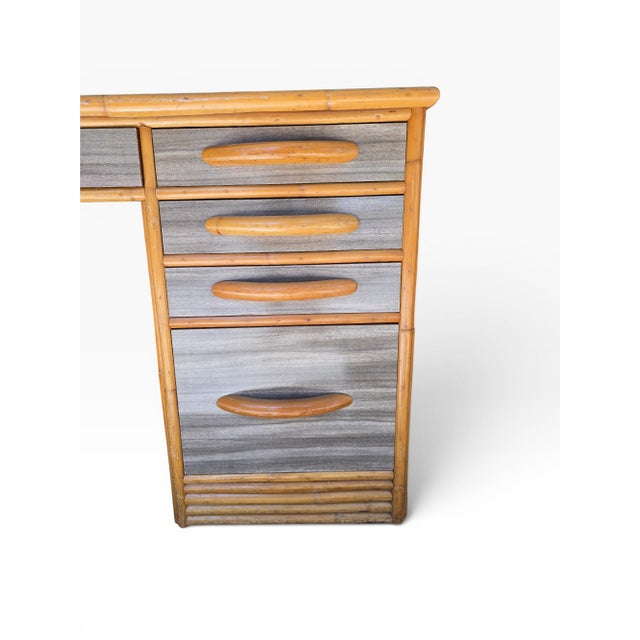 Mid-Century Modern 1950s Mid Century Rattan Grasscloth Streamline Wood Desk and Chair For Sale - Image 3 of 11
