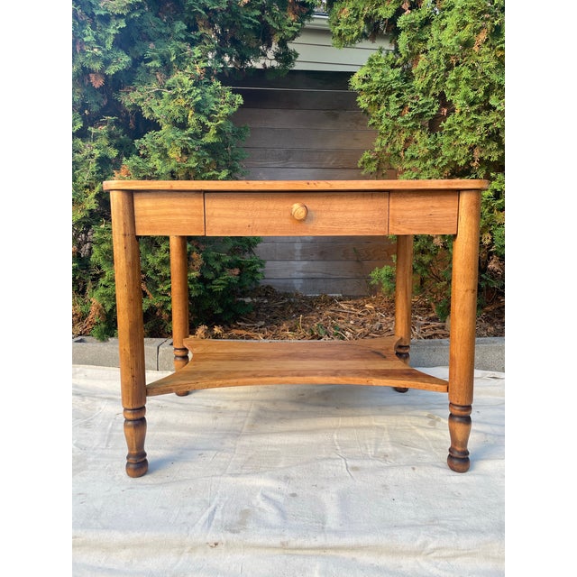 Vintage American farmhouse work table, likely early 20th century, crafted from solid wood (maple, pine, or ash)....