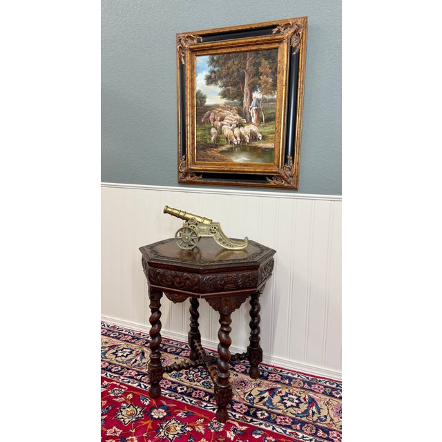 Charming Late 19th Century Antique French Carved Oak Octagonal Entry, Hall, Sofa, Center, Parlor or End Table with "X"...