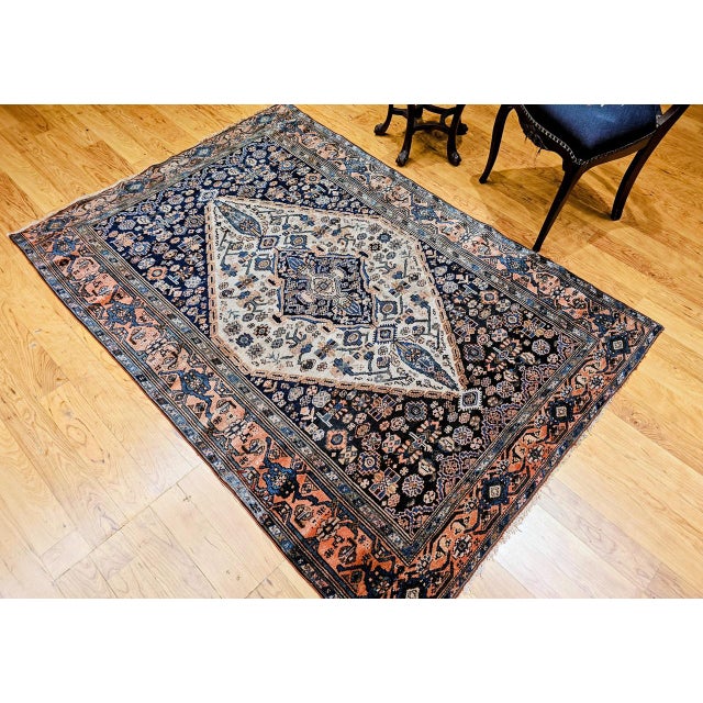 Antique Persian Malayer Area Rug, Hand-Knotted Wool, Geometric Medallion Pattern, Ivory & Navy,5x7 For Sale In Chicago - Image 6 of 17