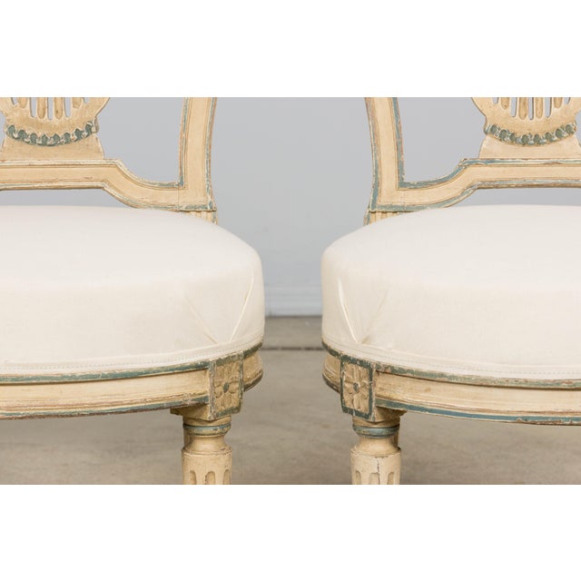 Wood Antique French Louis XVI Style Lyre Back Painted Dining Chairs - Set of 6 For Sale - Image 7 of 18