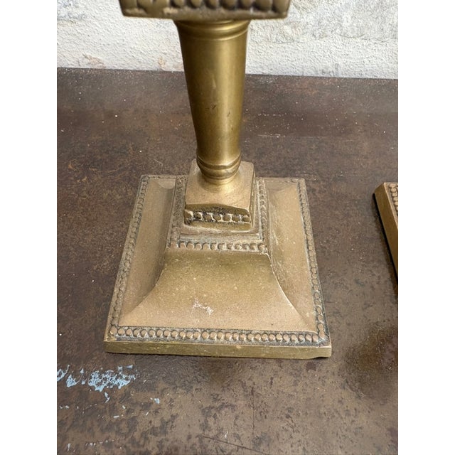 Pair of Antique Brass Victorian Candlesticks, Beaded Square Base For Sale - Image 4 of 10