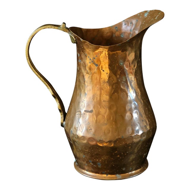 Vintage French Hammered Copper Pitcher W/ Brass Handle – Rustic Farmhouse Vase 8” For Sale