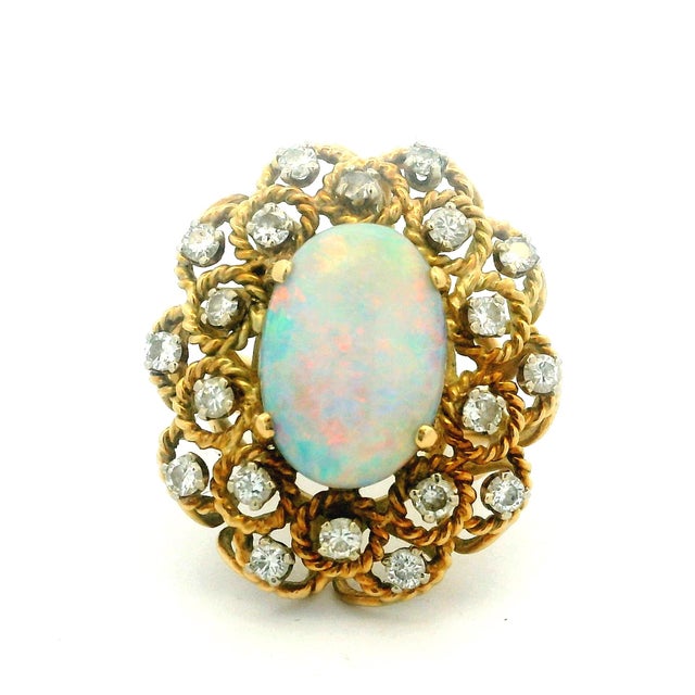Vintage Italian Opal & Diamond Cocktail Ring | 14k Gold Mid-Century Statement, Size 6 For Sale - Image 12 of 16
