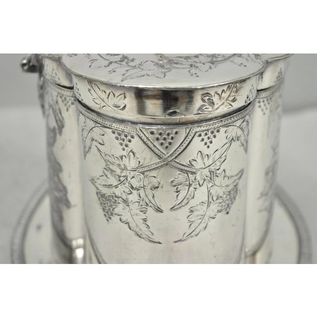 Antique Victorian Silver Plated Etched Footed Hinged Biscuit Barrel Jar on Stand For Sale - Image 11 of 18