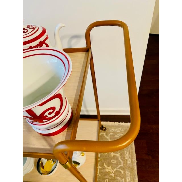 2020s Arteriors Bar Cart - Brand New - Cognac Leather, Blonde Oak & Antiqued Brass For Sale - Image 5 of 8