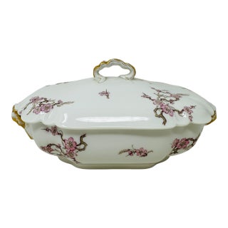 Antique Haviland Limoges Covered Tureen | Schleiger 222 (Factory 3180) "Cherry Blossom" Floral | Pink & Gold For Sale