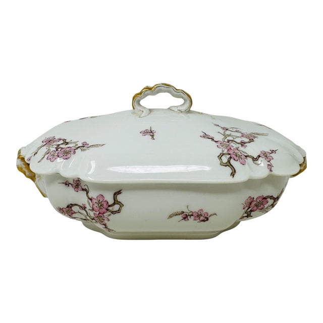 Antique Haviland Limoges Covered Tureen | Schleiger 222 (Factory 3180) "Cherry Blossom" Floral | Pink & Gold For Sale