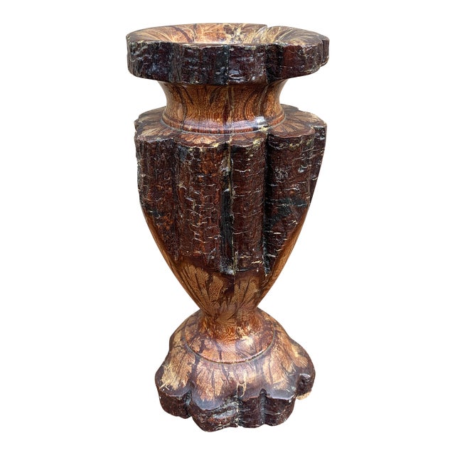 Vintage Wabi-Sabi Rustic Hand Carved Chrysanthemum Wood Vase For Sale