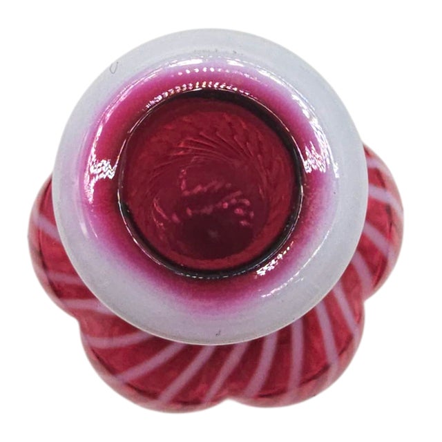 Glass Fenton Cranberry & White Striped Optic Glass Barber Bottle Vase – Vintage Handblown Art For Sale - Image 7 of 8