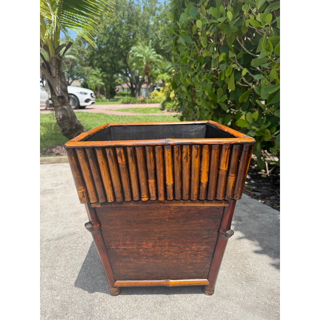 Vintage Bamboo & Wood Square Cachepot / Planter Stand – British Colonial Palm Beach Style For Sale - Image 9 of 11