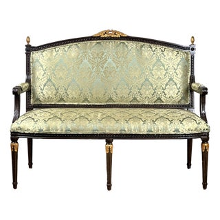 Vintage Louis XVI Style Settee in Green Damask Upholstery 1 of 2 For Sale