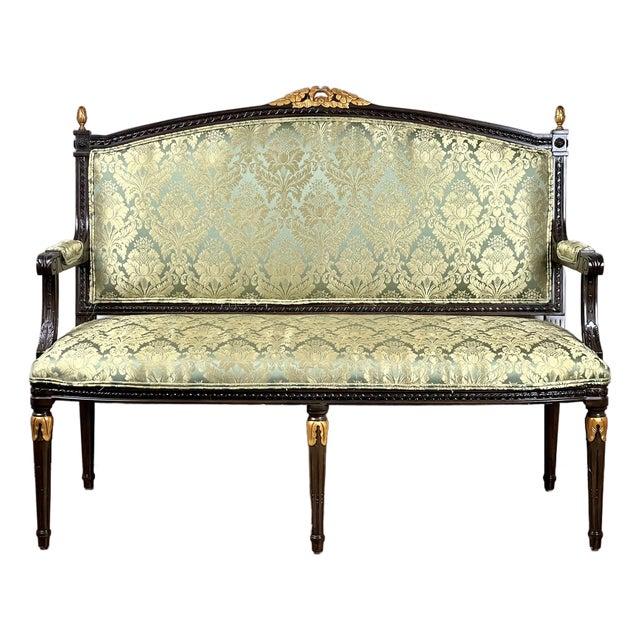 Vintage Louis XVI Style Settee in Green Damask Upholstery 1 of 2 For Sale