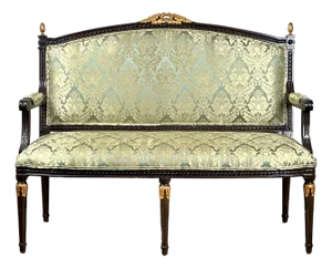 Vintage Louis XVI Style Settee in Green Damask Upholstery 1 of 2