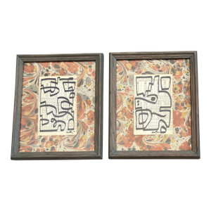 Contemporary 2 Wayne Cunningham Abstract Marker Drawings Vintage Frames-a Pair