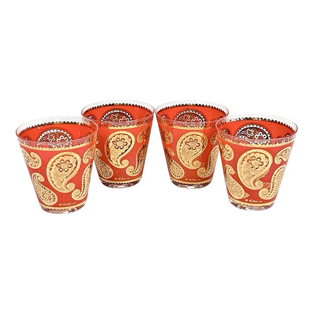 Vintage 22k Culver LTD Red and Gold Paisley Glasses - Set of 4 For Sale