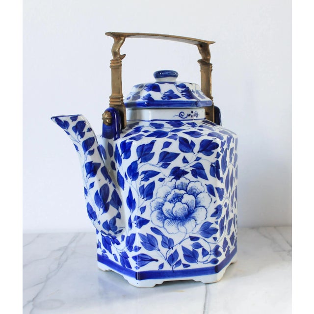 Vintage Asian Blue & White Porcelain Teapot W/ Brass Handle For Sale - Image 10 of 11