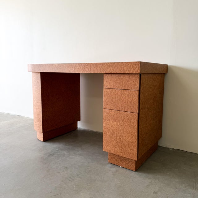 Vintage 80s Deco Postmodern Burlwood Writing Desk For Sale In Palm Springs - Image 6 of 14