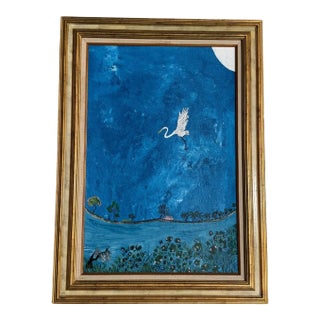 Vintage Large Folk Art Tropical Landscape Painting With Egret in Gilt Wood Frame For Sale