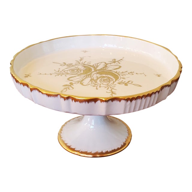 Vintage Limoges French Porcelain Cake Stand With Gold Rose Decoration. For Sale