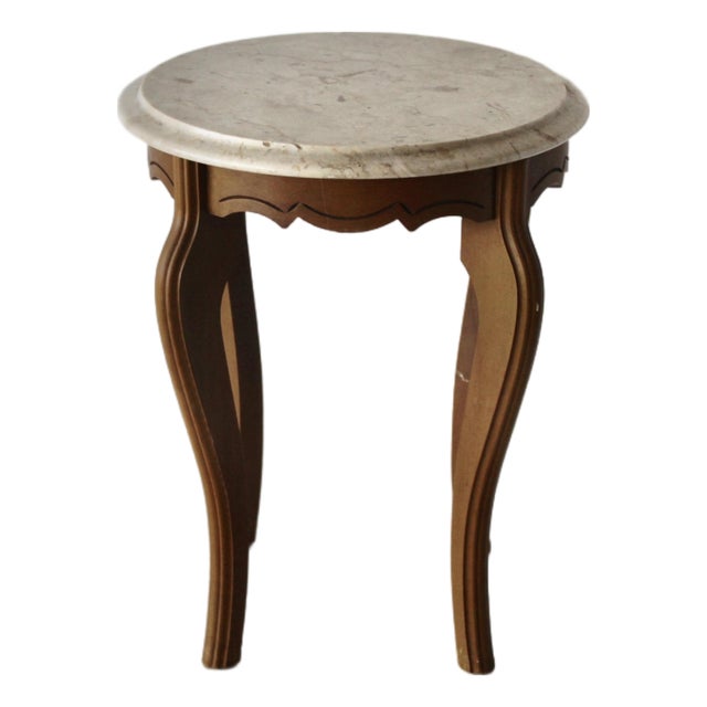 Queen Anne-Style Italian Marble Top Side Table Carved Wood Legs Detail Vintage Mid-Century For Sale