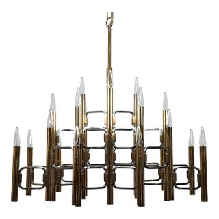 Massive Vintage Gold & Chrome Gaetano Scolari Chandelier 21 Light Chandelier For Sale