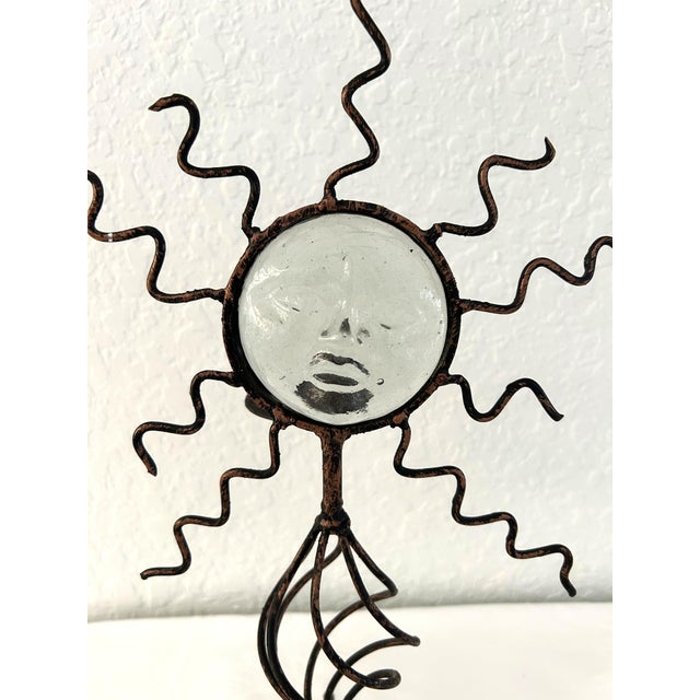1990s Forged Iron & Glass Celestial Pillar Candle Holder For Sale - Image 4 of 5