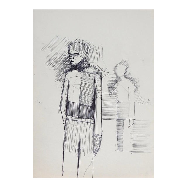 Mid 20th Century Abstract Figure Pen & Ink Drawing For Sale