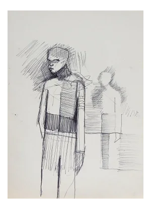 Mid 20th Century Abstract Figure Pen & Ink Drawing