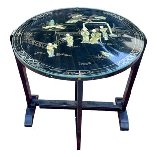 Vintage Asian Black Lacquer Folding Tray Table With Applied Carved Stone Figural Scene For Sale