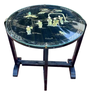 Vintage Asian Black Lacquer Folding Tray Table With Applied Carved Stone Figural Scene