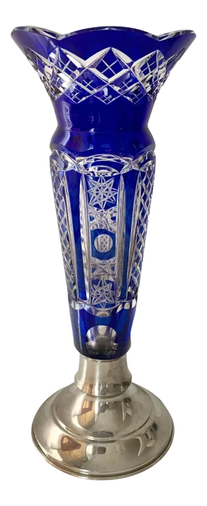 Vintage Cobalt Blue Hand Cut Cased Crystal Vase With Silver Plated Base