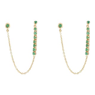 Minimal Double Piercing Emerald Chain Earrings Crafted in 18k Yellow Gold - 2 Pieces For Sale