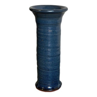 Cylinder Umbrella Vase Mottled Blue Studio Pottery Ribbed Tall Mid 20th Century For Sale