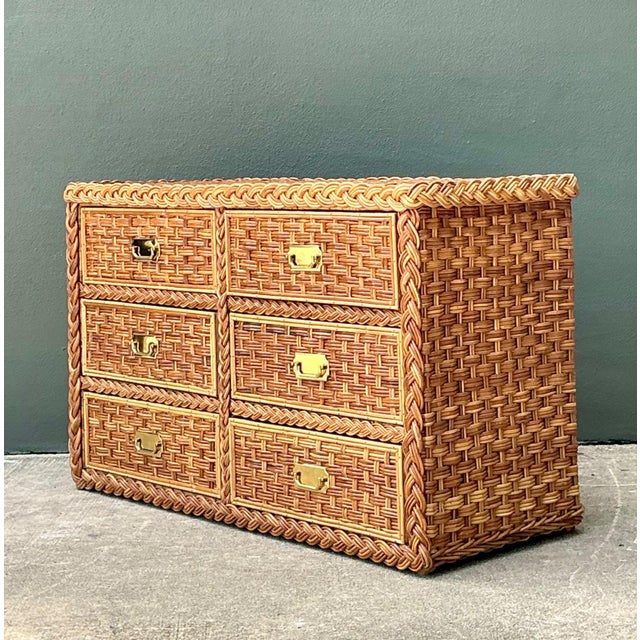 Vintage Braided Rattan Six Drawer Campaign Dresser For Sale - Image 12 of 15