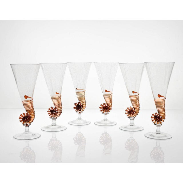 Amber Murano Glass and Pulegoso Nautilus Flutes from Cenedese, 1950s, Set of 6 For Sale - Image 4 of 18