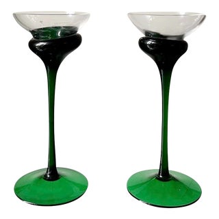 Late 20th Century Vintage Green Molted Glass Stemmed Candle Holders - Set of 2 For Sale