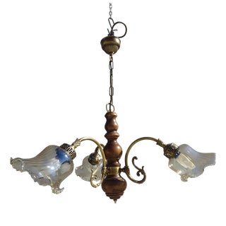 3-Light Chandelier in Wood, Bronze and Glass, 1980s For Sale