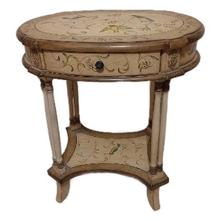 1980s Decorative French Style Accent Table Featuring Hand Painted Details One Drawer For Sale