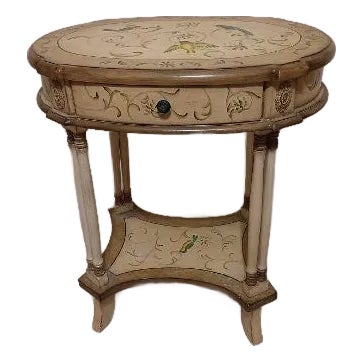 1980s Decorative French Style Accent Table Featuring Hand Painted Details One Drawer For Sale