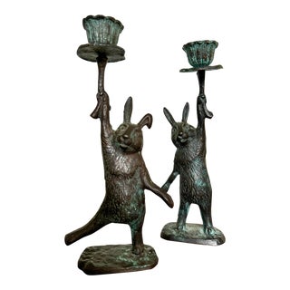 Pair of Late 20th Century Bronze Bunny Rabbit Candlesticks For Sale